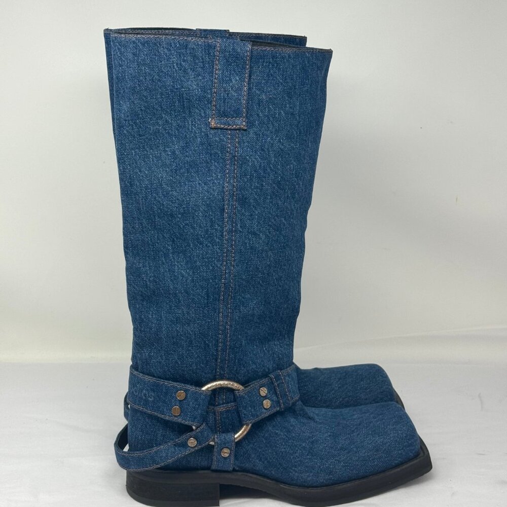 Acne Denim-Textured Midcalf Heeled Boots in Blue - Picture 3 of 5
